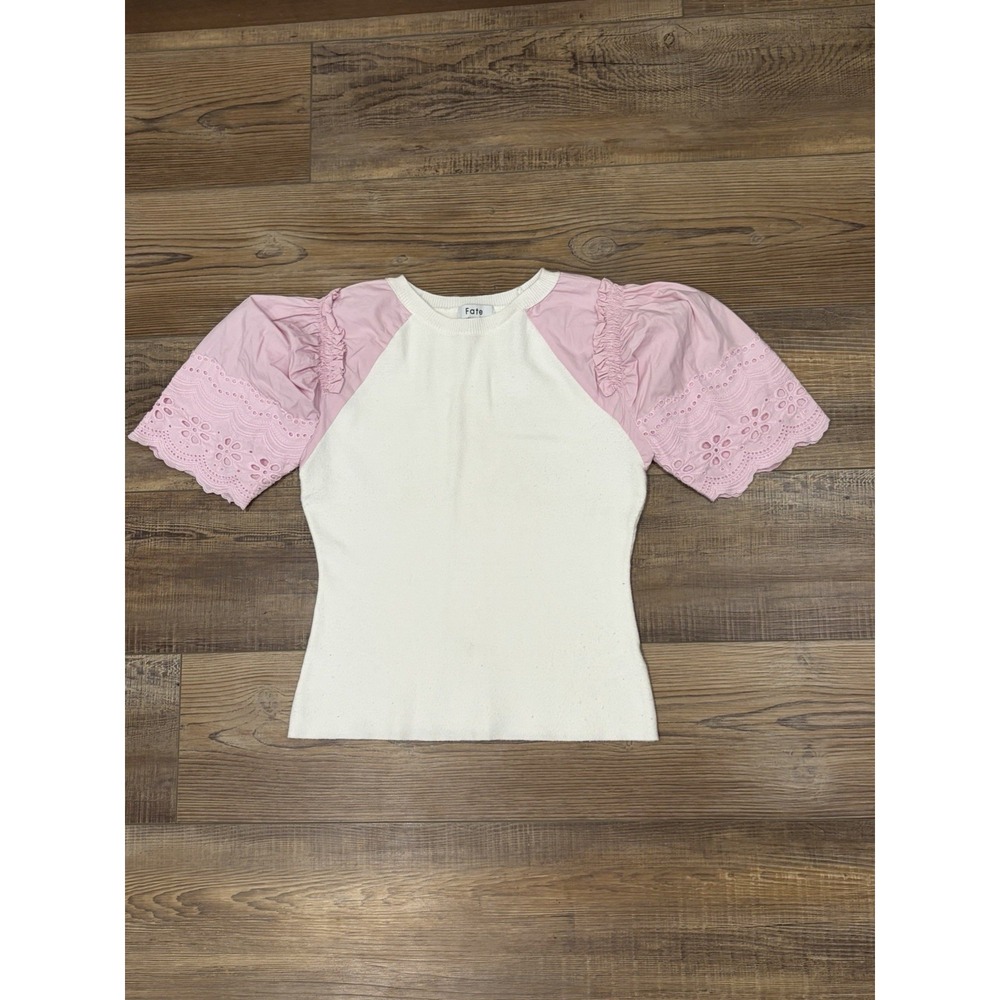 Fate white top pink puff sleeve eyelet ruffle feminine Romantic Coquette Sm